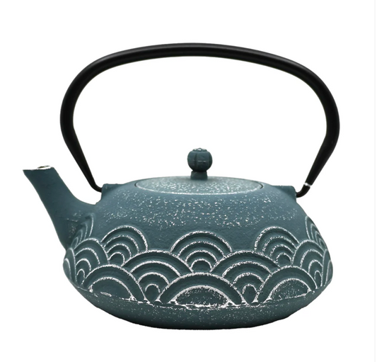 Blue Seigaiha Design 40oz Cast Iron Tea Pot by