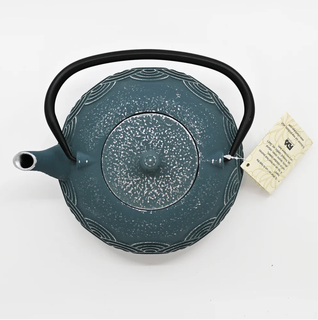 Blue Seigaiha Design 40oz Cast Iron Tea Pot by