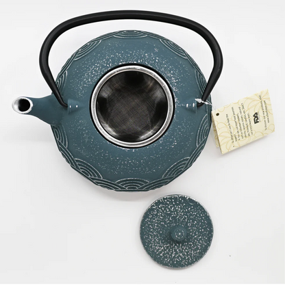 Blue Seigaiha Design 40oz Cast Iron Tea Pot by