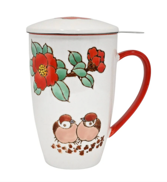 Twin Sparrows Tsubaki Camellia Design 15oz Tea Mugs with Lid and Infuser by Urban Tokyo