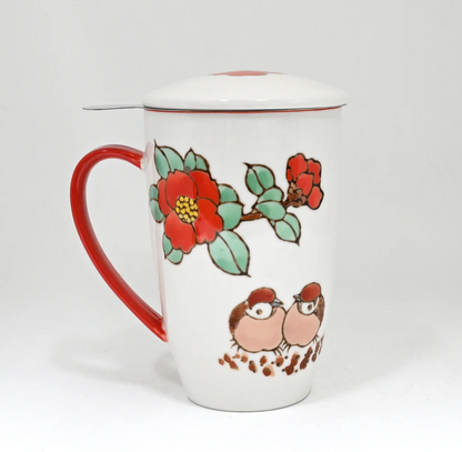 Twin Sparrows Tsubaki Camellia Design 15oz Tea Mugs with Lid and Infuser by Urban Tokyo