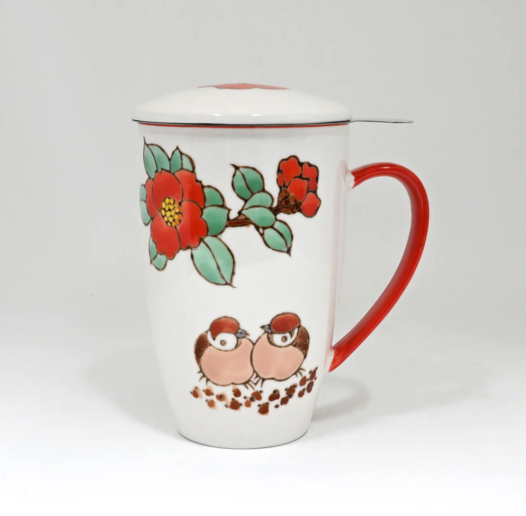 Twin Sparrows Tsubaki Camellia Design 15oz Tea Mugs with Lid and Infuser by Urban Tokyo