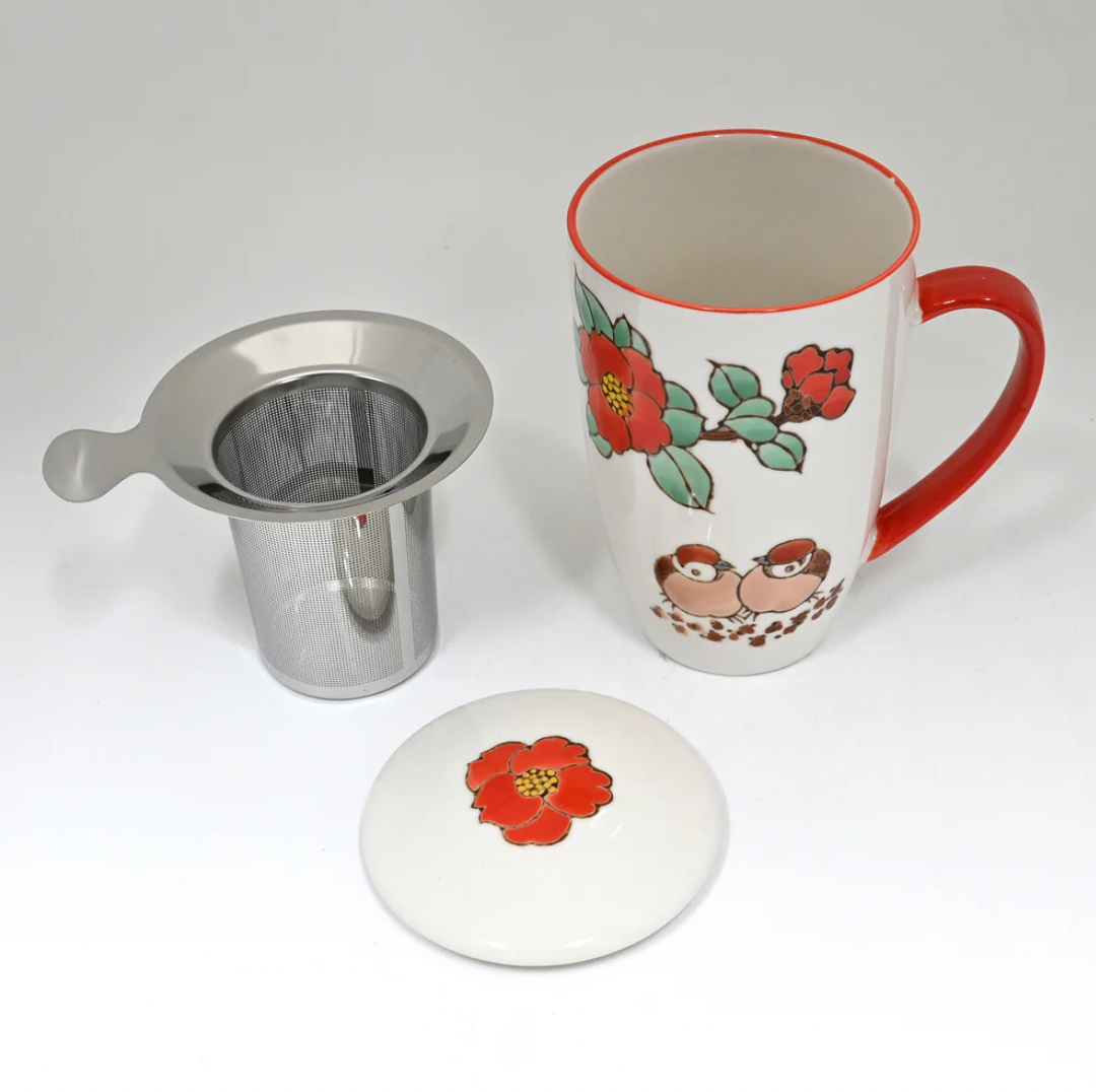 Twin Sparrows Tsubaki Camellia Design 15oz Tea Mugs with Lid and Infuser by Urban Tokyo