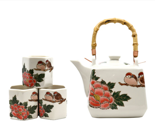 Twin Sparrows Peony Design Tea Set 20oz Tea Pot with 4 Hexagon Cups by Urban Tokyo