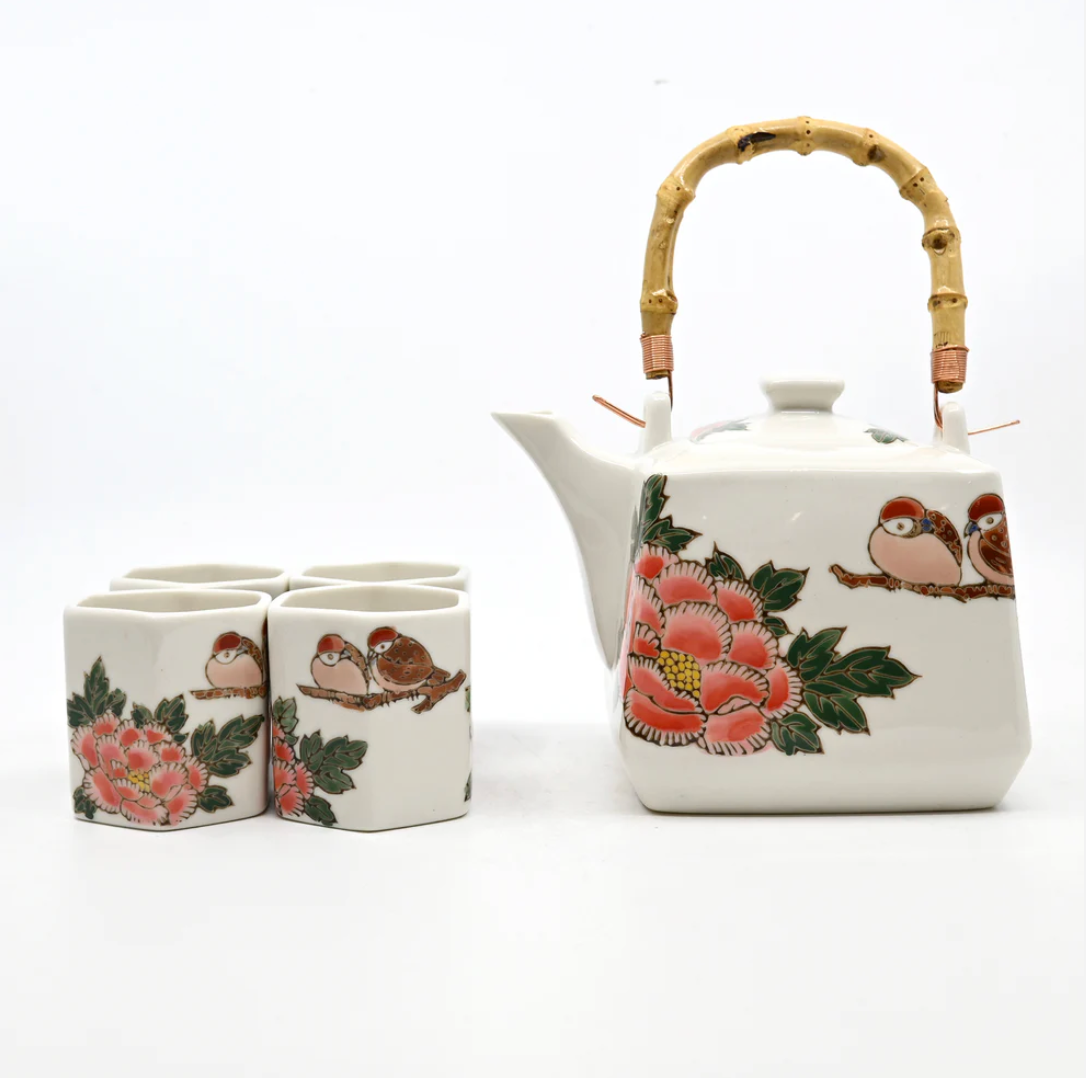 Twin Sparrows Peony Design Tea Set 20oz Tea Pot with 4 Hexagon Cups by Urban Tokyo