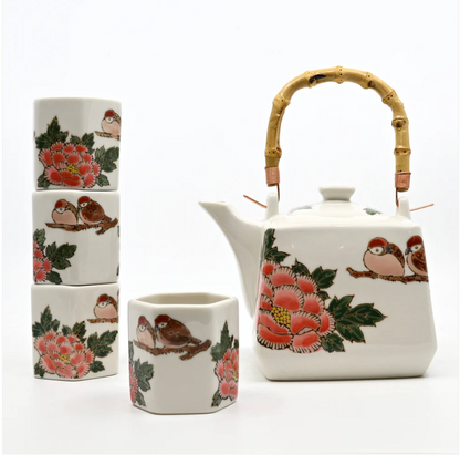 Twin Sparrows Peony Design Tea Set 20oz Tea Pot with 4 Hexagon Cups by Urban Tokyo