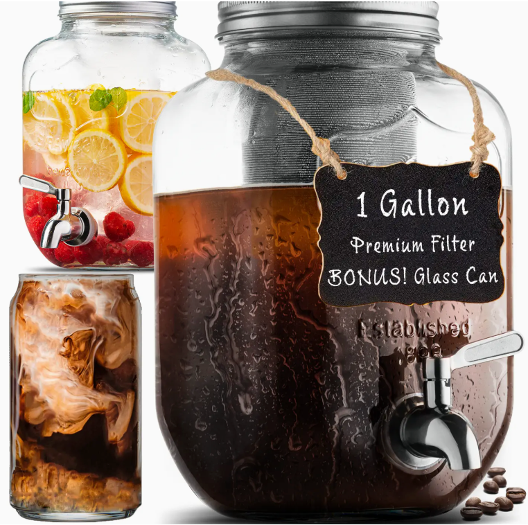 Cold Brew One Gallon Drink Dispenser & Premium Stainless Steel Weaved Mesh Coffee Filter & Spigot