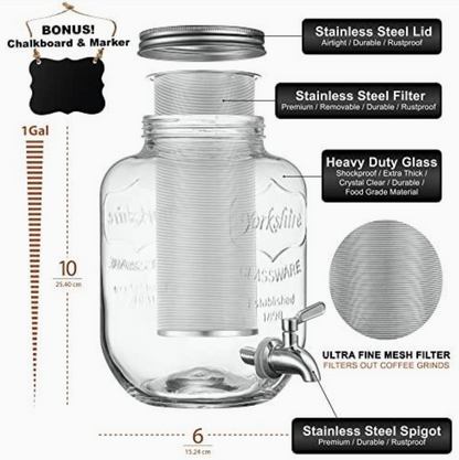 Cold Brew One Gallon Drink Dispenser & Premium Stainless Steel Weaved Mesh Coffee Filter & Spigot