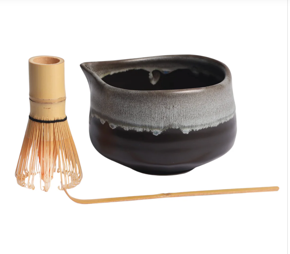 Matcha Set 20oz Porcelain Latte Bowl with Whisk and Scoop Gray Black by Urban Tokyo