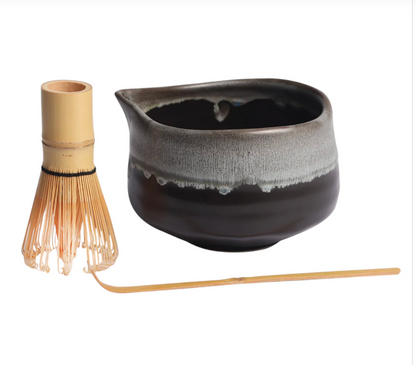 Matcha Set 20oz Porcelain Latte Bowl with Whisk and Scoop Gray Black by Urban Tokyo
