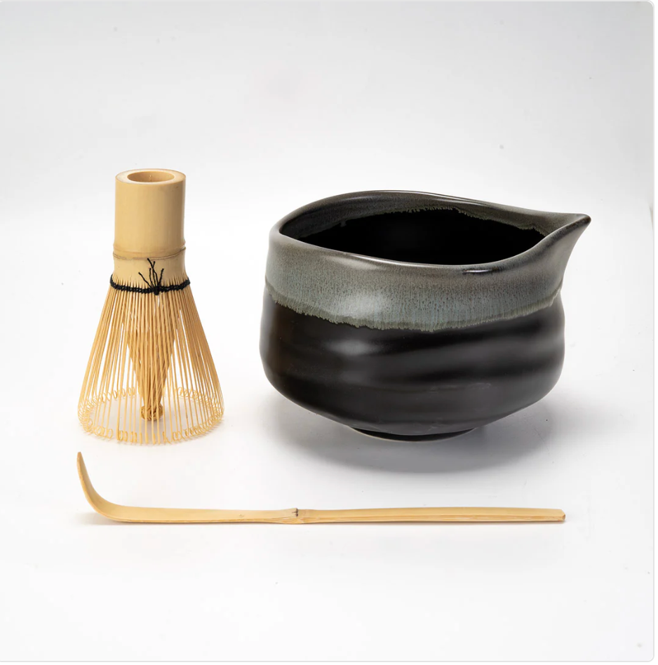 Matcha Set 20oz Porcelain Latte Bowl with Whisk and Scoop Gray Black by Urban Tokyo