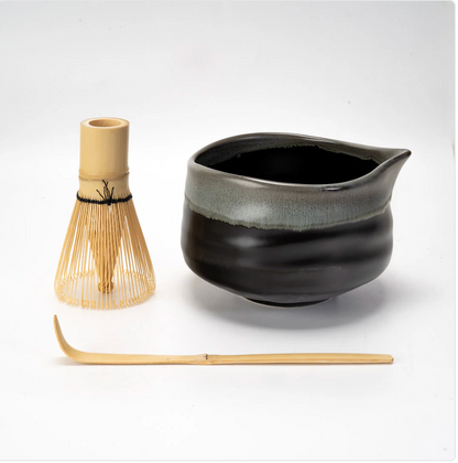Matcha Set 20oz Porcelain Latte Bowl with Whisk and Scoop Gray Black by Urban Tokyo
