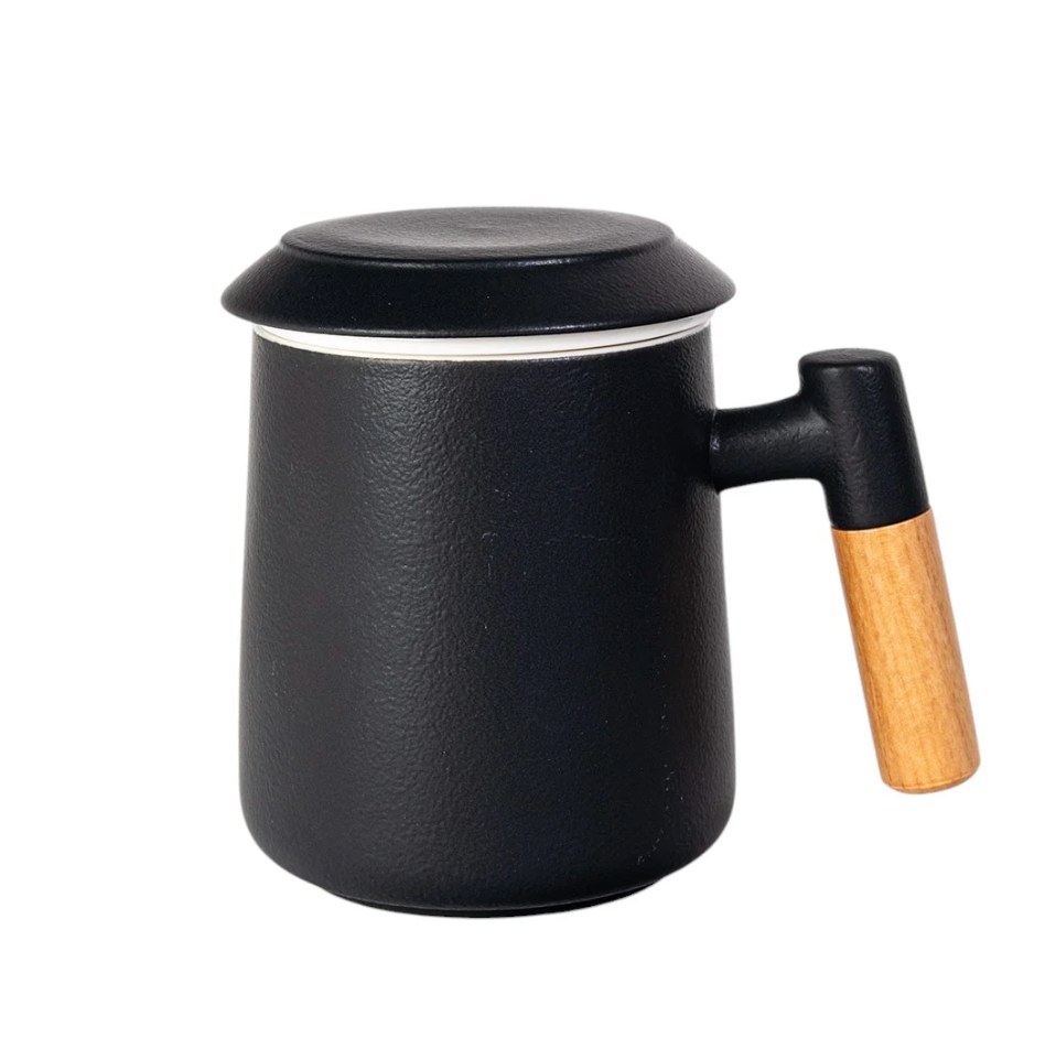 15oz Wood Handle Tea Mugs with Lid and Infuser for Loose Leaf Tea