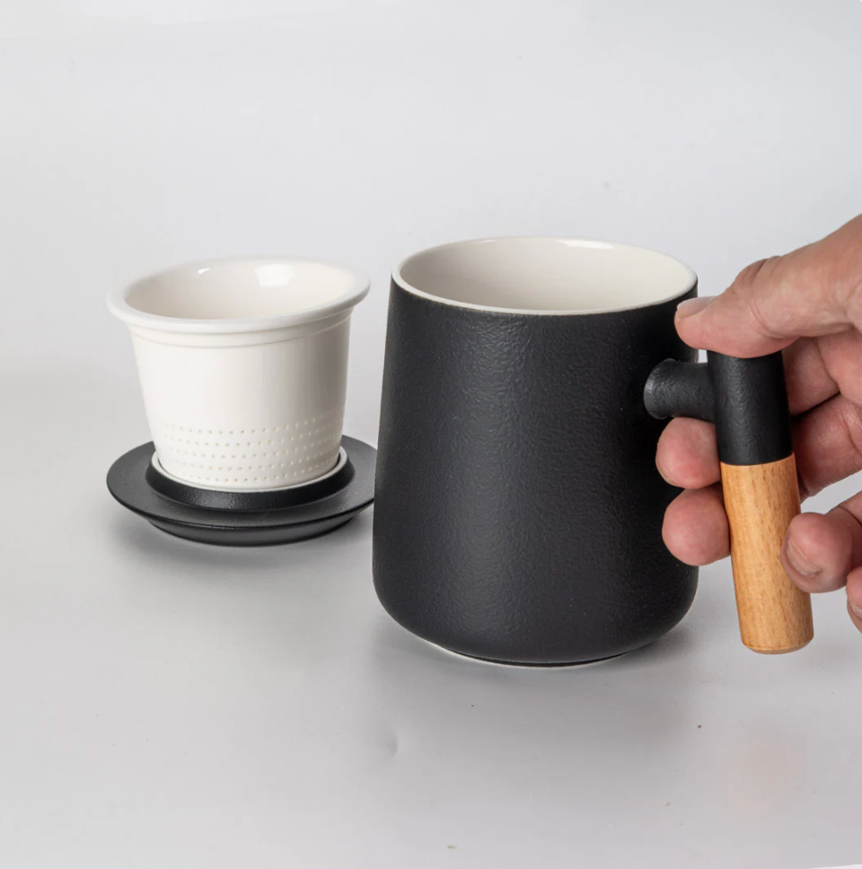 15oz Wood Handle Tea Mugs with Lid and Infuser for Loose Leaf Tea