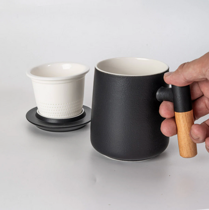 15oz Wood Handle Tea Mugs with Lid and Infuser for Loose Leaf Tea