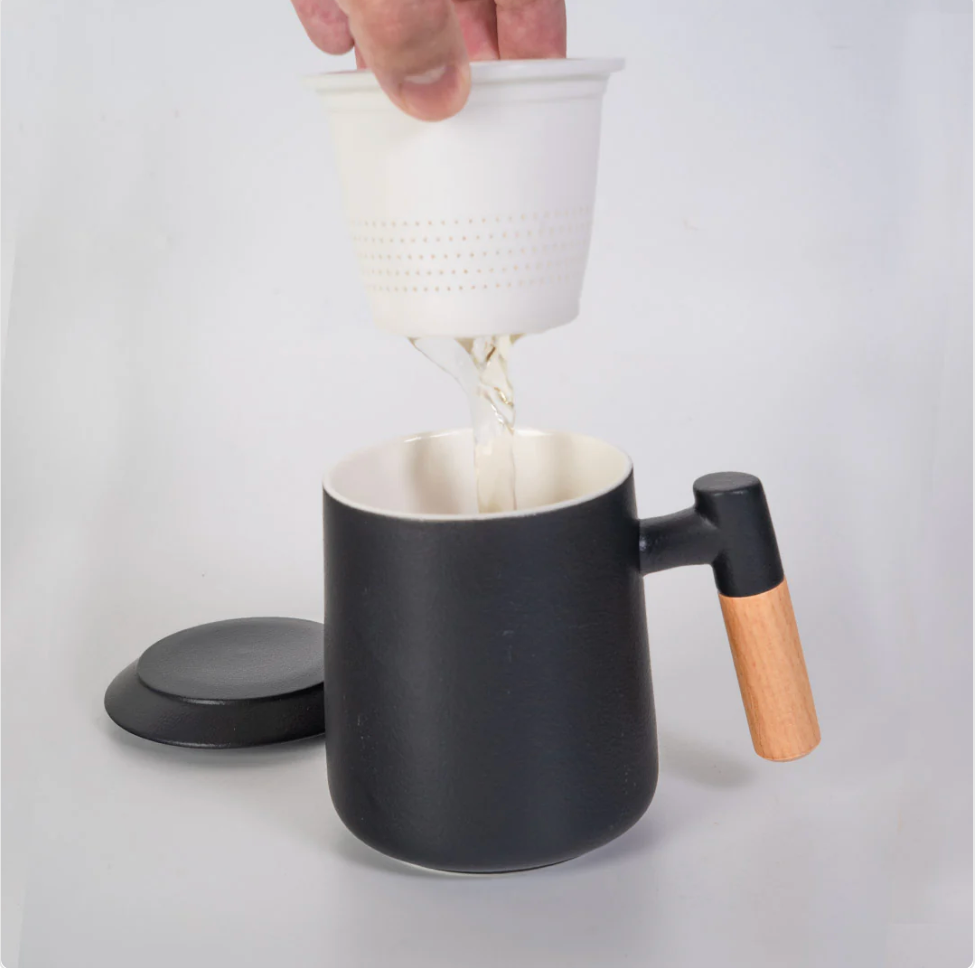 15oz Wood Handle Tea Mugs with Lid and Infuser for Loose Leaf Tea