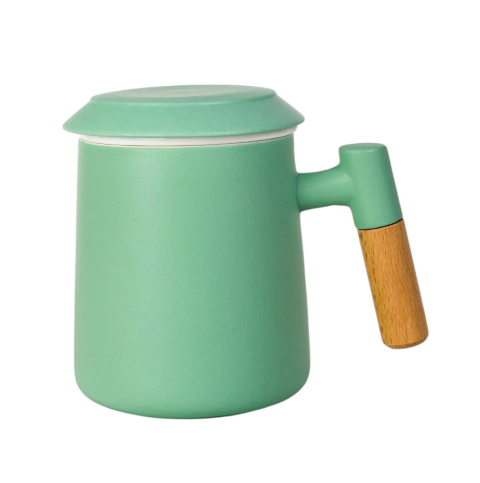 15oz Wood Handle Tea Mugs with Lid and Infuser for Loose Leaf Tea