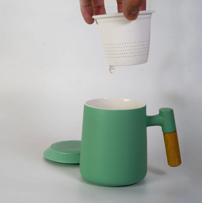 15oz Wood Handle Tea Mugs with Lid and Infuser for Loose Leaf Tea