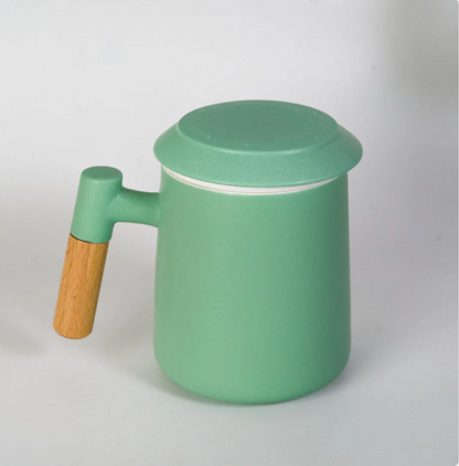 15oz Wood Handle Tea Mugs with Lid and Infuser for Loose Leaf Tea