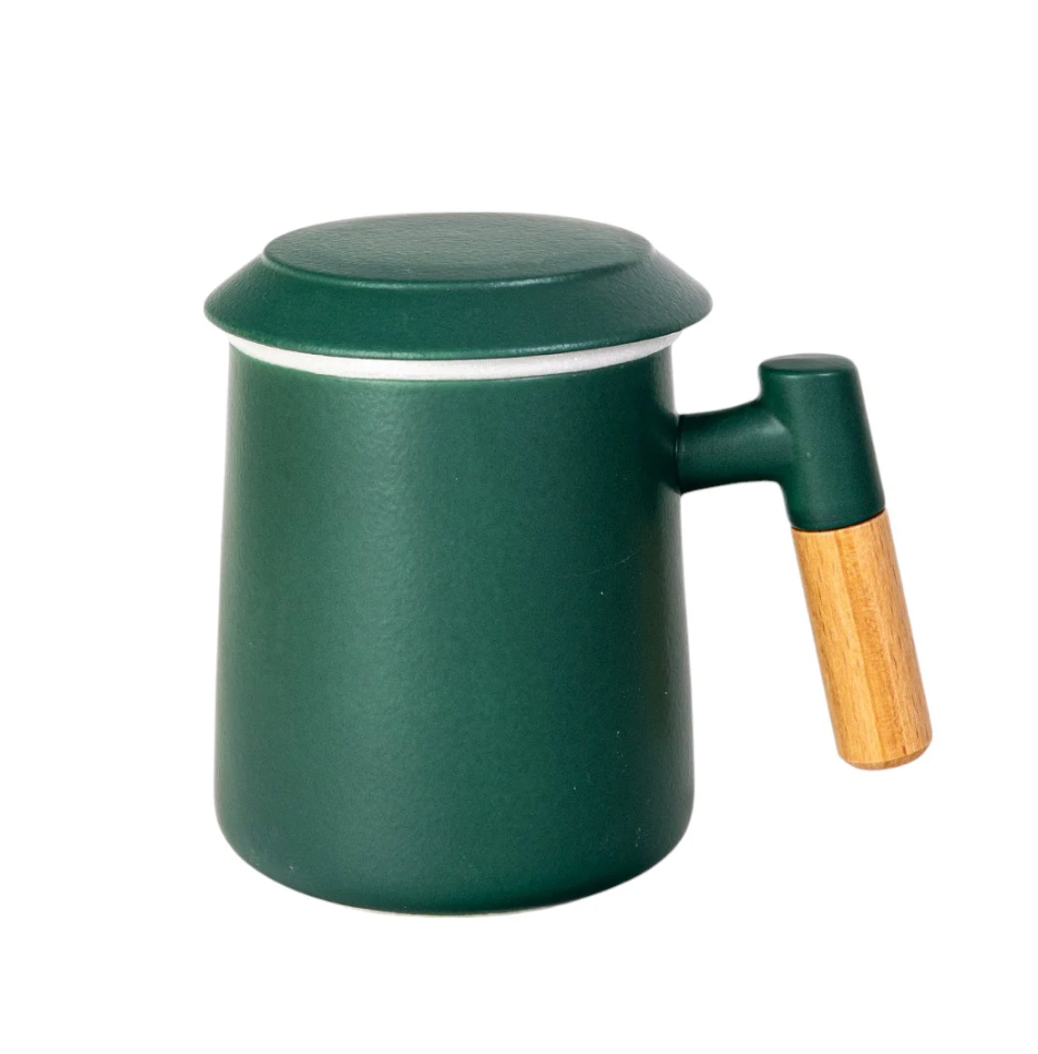 15oz Wood Handle Tea Mugs with Lid and Infuser for Loose Leaf Tea