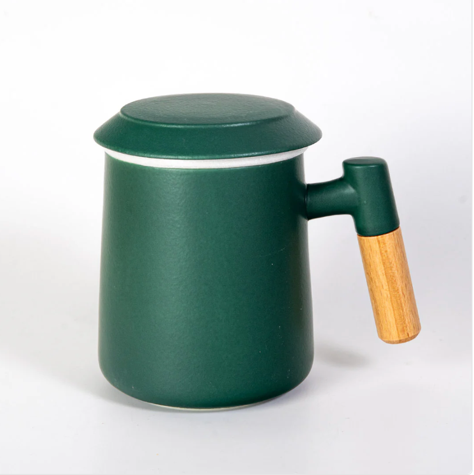 15oz Wood Handle Tea Mugs with Lid and Infuser for Loose Leaf Tea