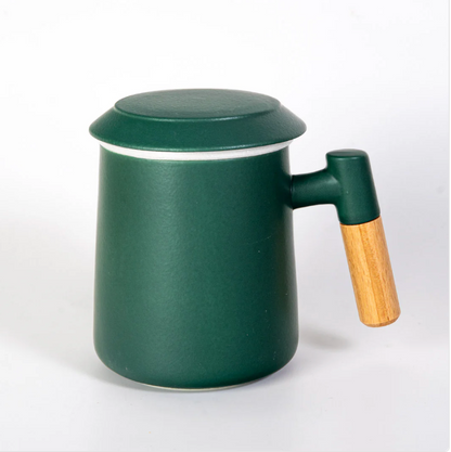 15oz Wood Handle Tea Mugs with Lid and Infuser for Loose Leaf Tea