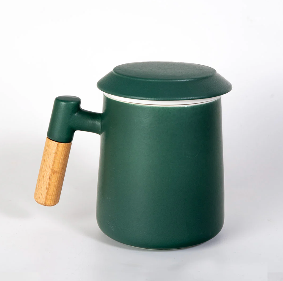 15oz Wood Handle Tea Mugs with Lid and Infuser for Loose Leaf Tea