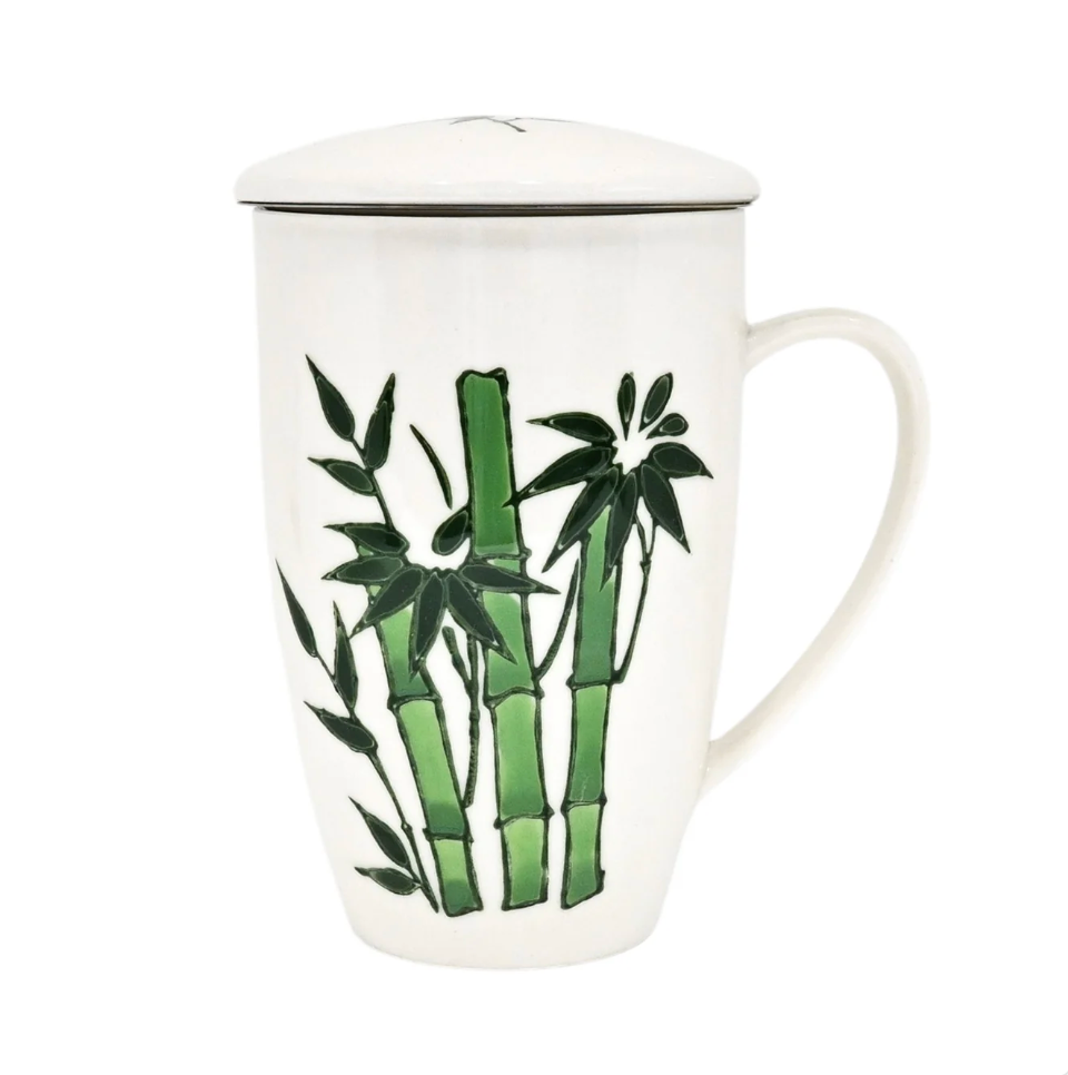Green Bamboo Design 15oz Tea Mugs with Lid and Infuser for Loose Leaf Tea by Urban Tokyo
