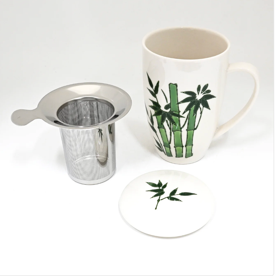 Green Bamboo Design 15oz Tea Mugs with Lid and Infuser for Loose Leaf Tea by Urban Tokyo