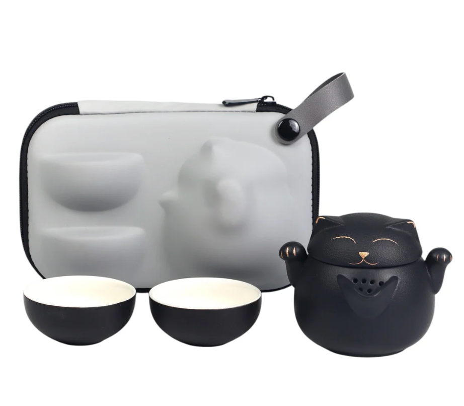Maneki Neko Lucky Cat 3 Piece Tea Set Black by Urban Tokyo