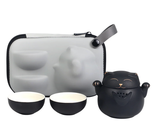 Maneki Neko Lucky Cat 3 Piece Tea Set Black by Urban Tokyo