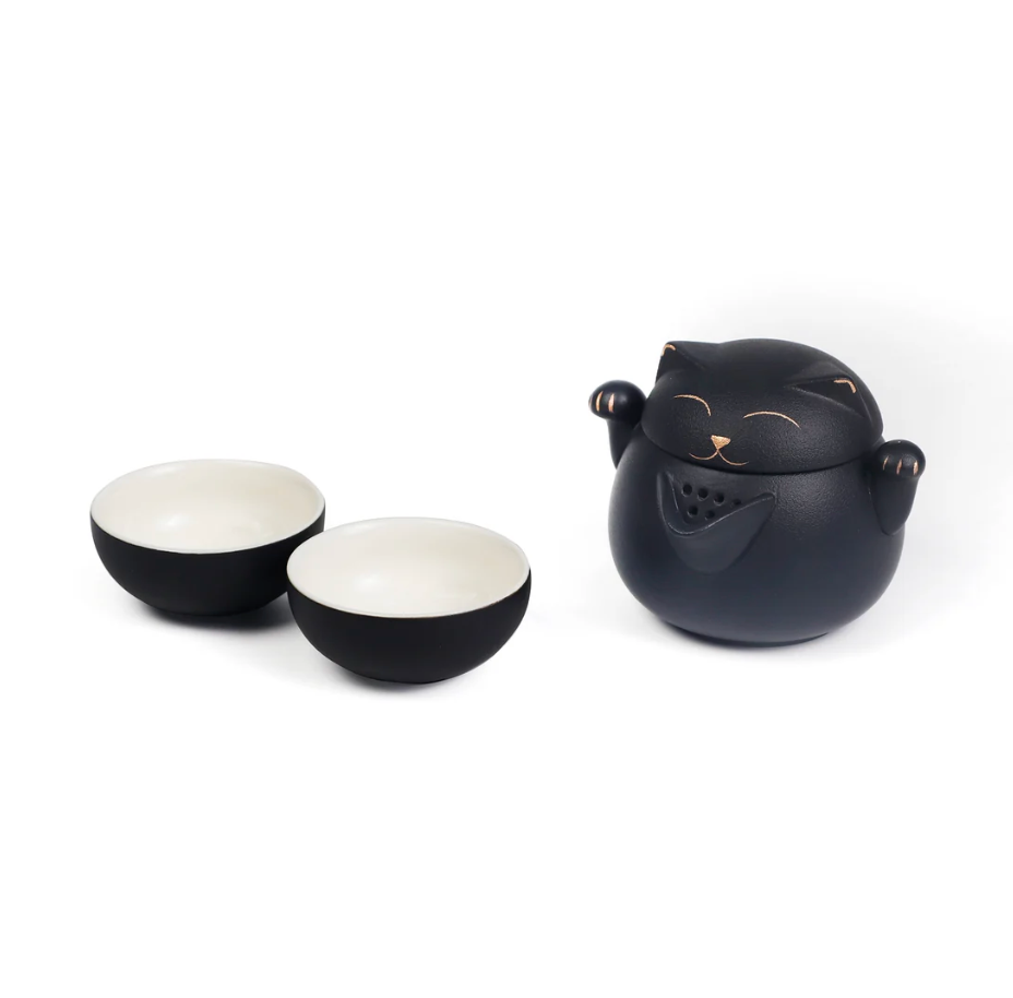 Maneki Neko Lucky Cat 3 Piece Tea Set Black by Urban Tokyo