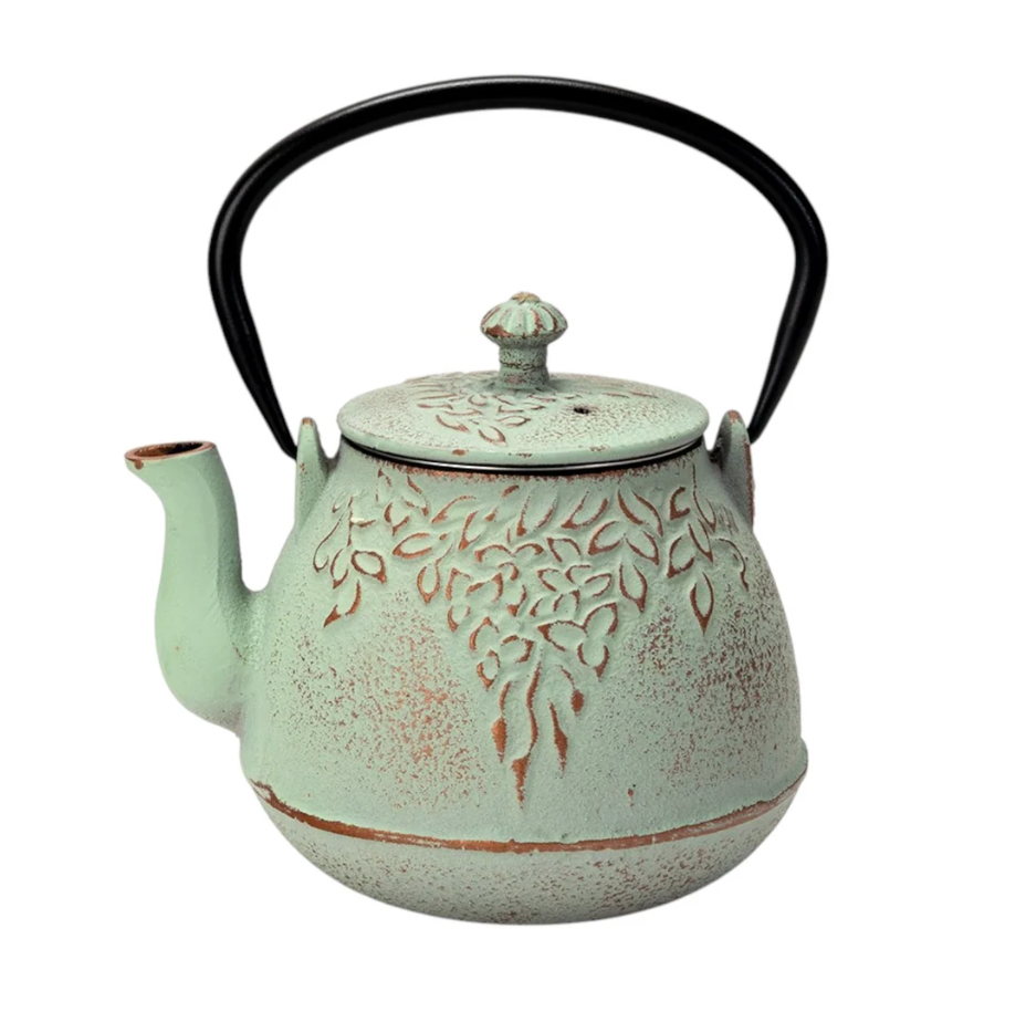 Mint Green Leaves Design 32oz Cast Iron Tea Pot by Urban Tokyo