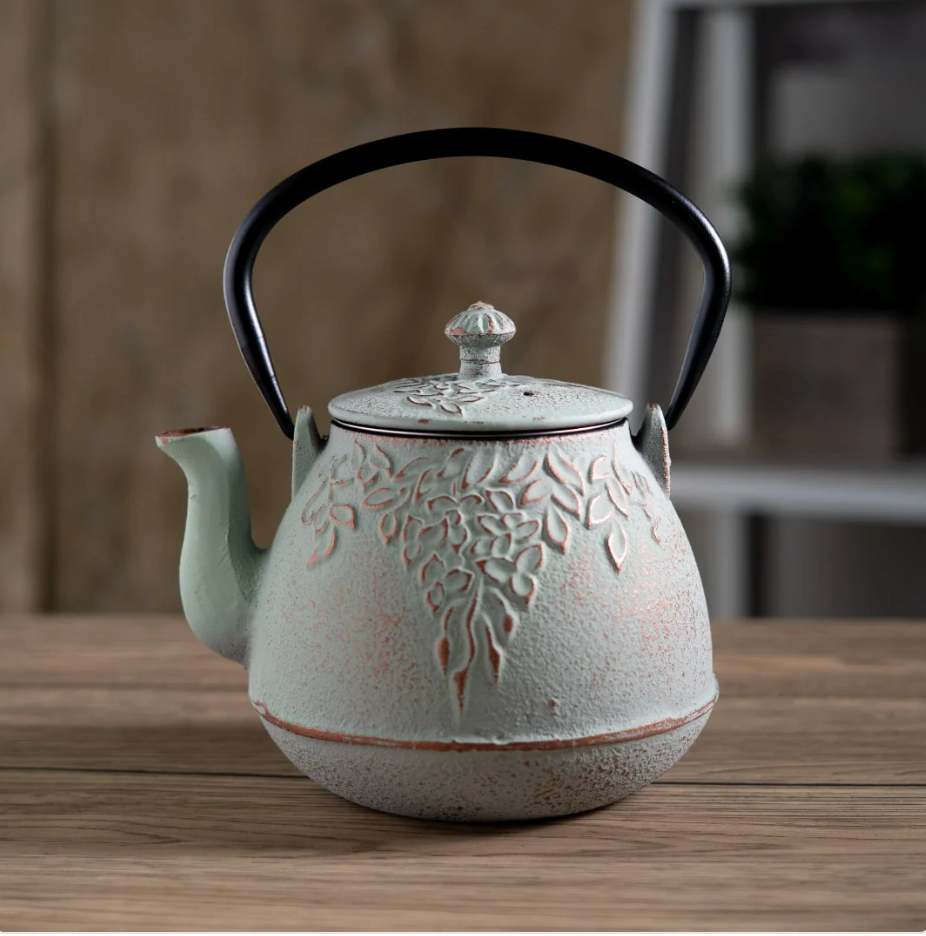 Mint Green Leaves Design 32oz Cast Iron Tea Pot by Urban Tokyo