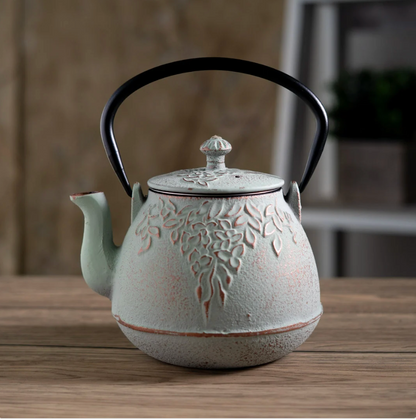 Mint Green Leaves Design 32oz Cast Iron Tea Pot by Urban Tokyo