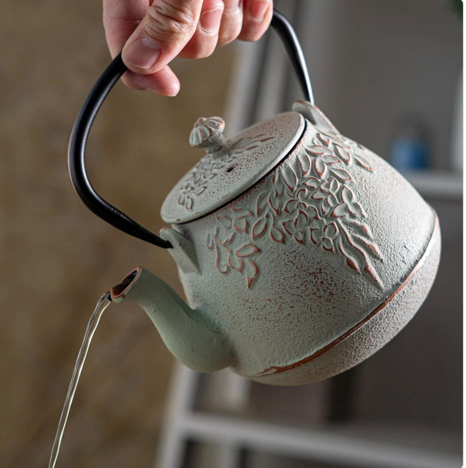 Mint Green Leaves Design 32oz Cast Iron Tea Pot by Urban Tokyo