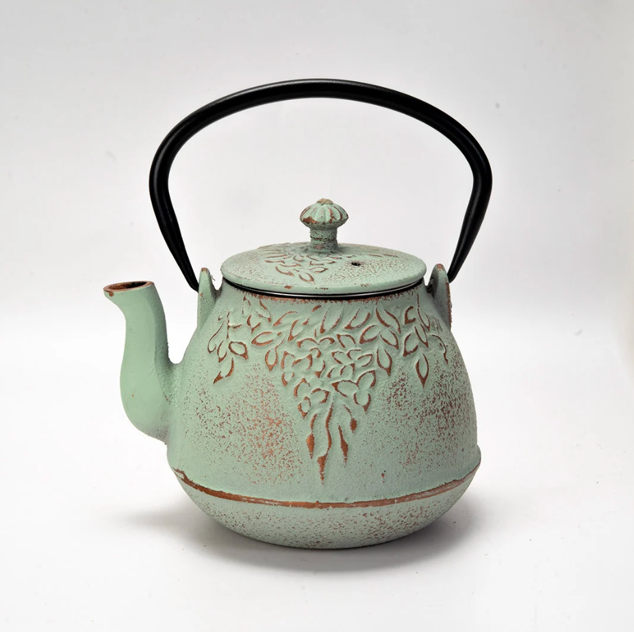 Mint Green Leaves Design 32oz Cast Iron Tea Pot by Urban Tokyo