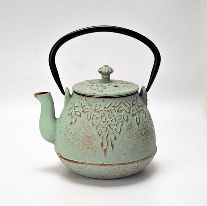 Mint Green Leaves Design 32oz Cast Iron Tea Pot by Urban Tokyo