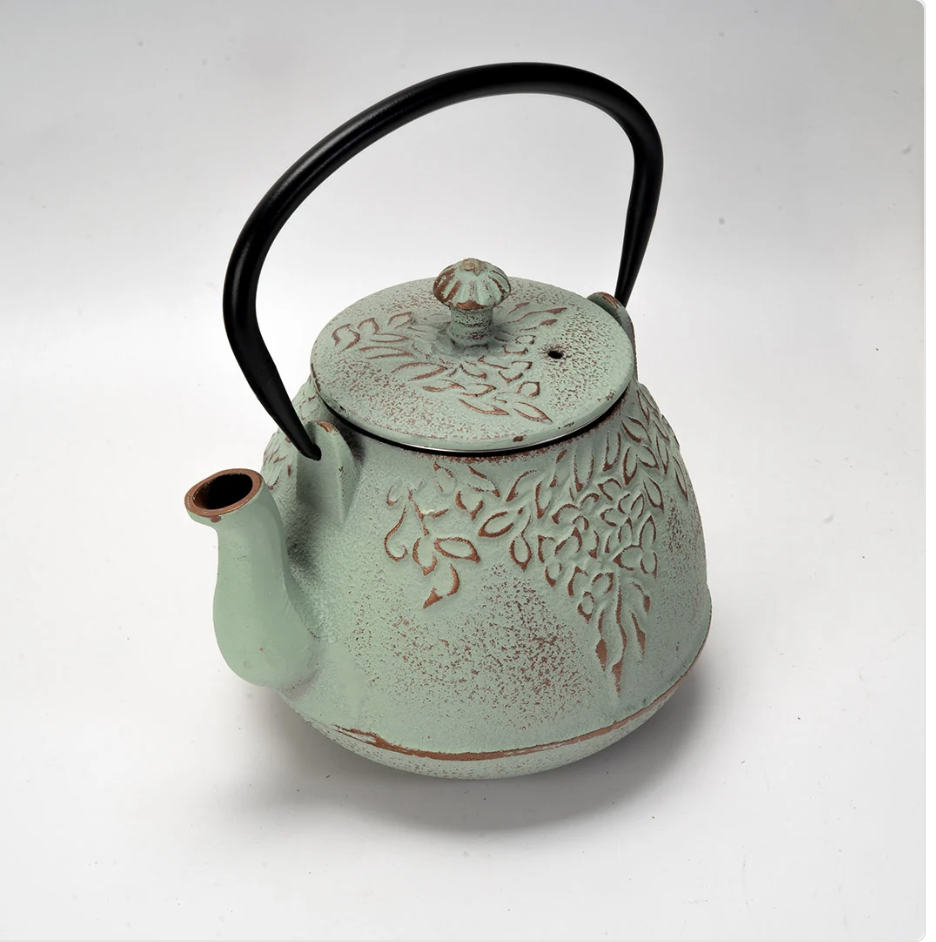 Mint Green Leaves Design 32oz Cast Iron Tea Pot by Urban Tokyo