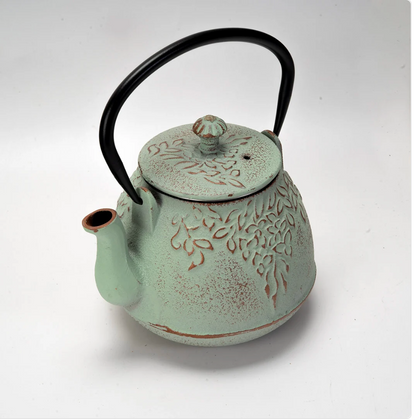 Mint Green Leaves Design 32oz Cast Iron Tea Pot by Urban Tokyo