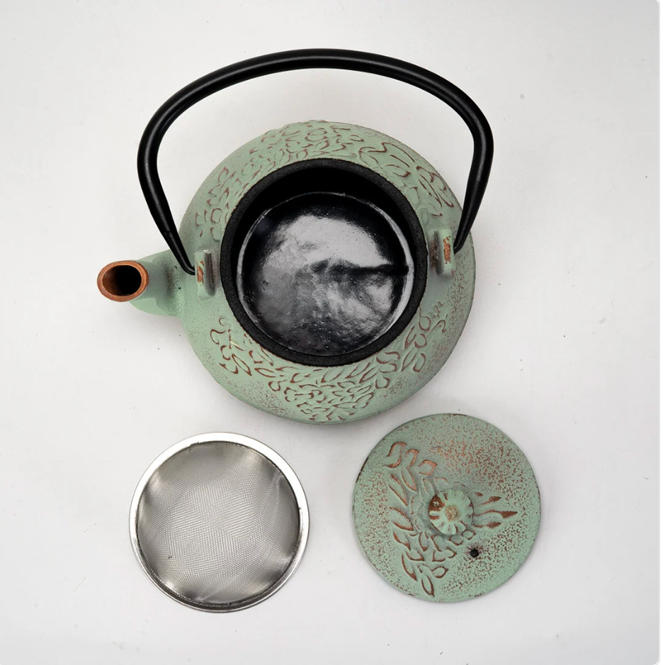 Mint Green Leaves Design 32oz Cast Iron Tea Pot by Urban Tokyo