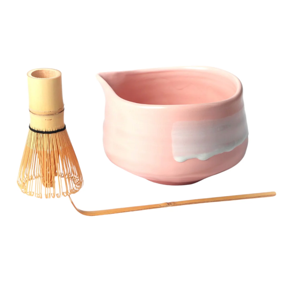 Matcha Set 20oz Porcelain Latte Bowl with Whisk and Scoop Pink Brushstroke By Urban Tokyo