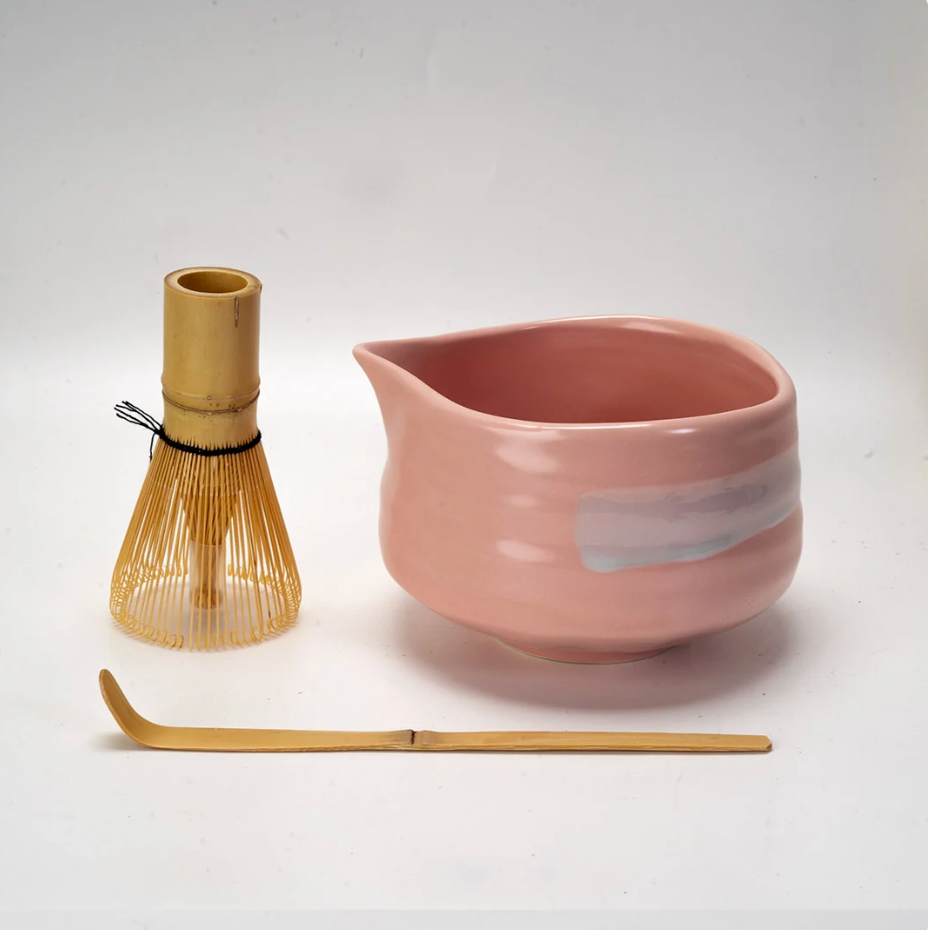 Matcha Set 20oz Porcelain Latte Bowl with Whisk and Scoop Pink Brushstroke By Urban Tokyo