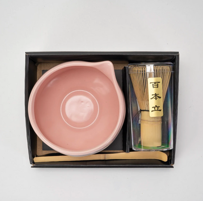 Matcha Set 20oz Porcelain Latte Bowl with Whisk and Scoop Pink Brushstroke By Urban Tokyo
