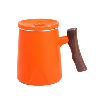 15oz Zen Wood Handle Porcelain Tea Mugs with Lid and Infuser-Orange by Urban Tokyo