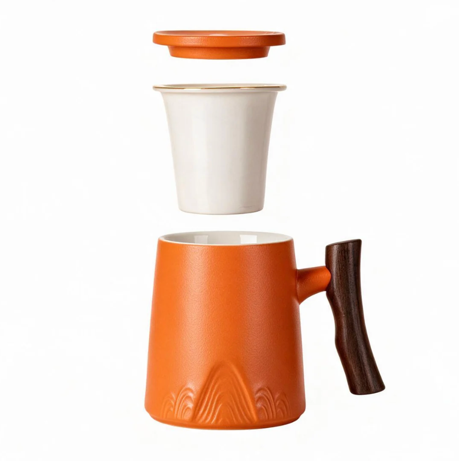 15oz Zen Wood Handle Porcelain Tea Mugs with Lid and Infuser-Orange by Urban Tokyo