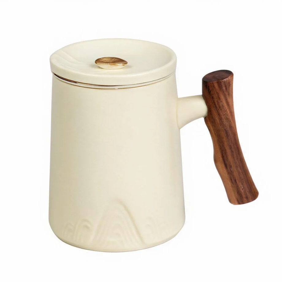 15oz Zen Wood Handle Porcelain Tea Mugs with Lid and Infuser-White by Urban Tokyo