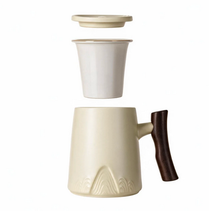 15oz Zen Wood Handle Porcelain Tea Mugs with Lid and Infuser-White by Urban Tokyo