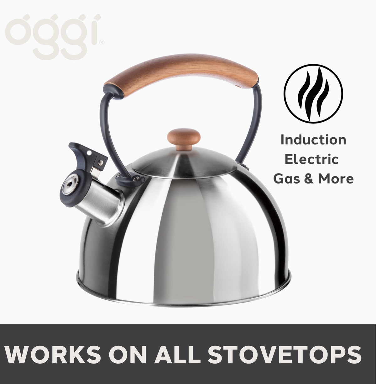 Wood Handle Stainless Steel Stovetop Kettle With Whistle by Oggi