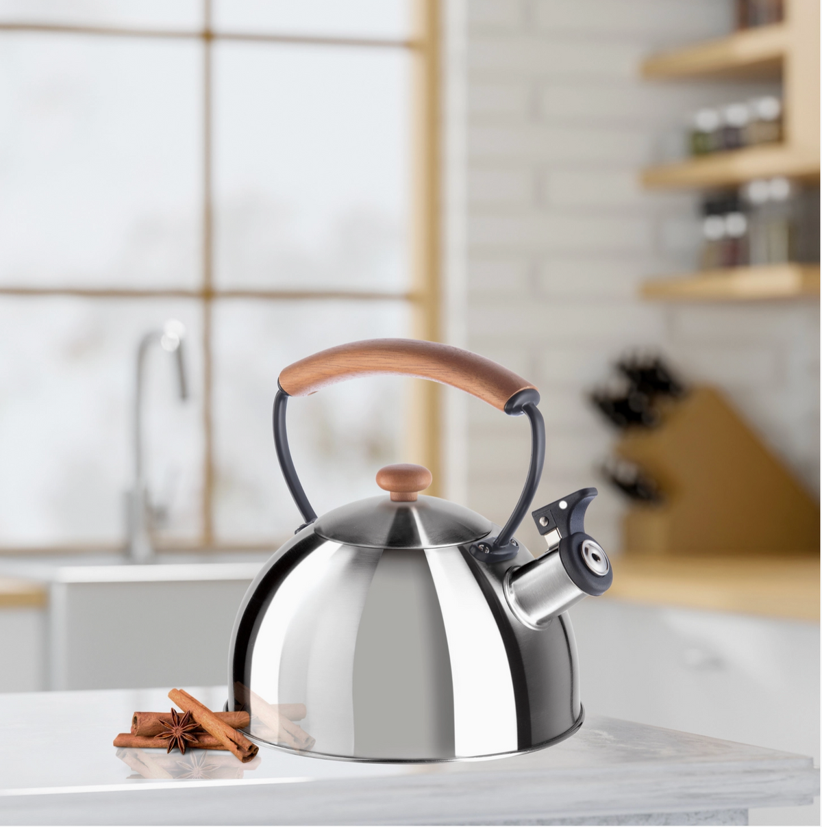 Wood Handle Stainless Steel Stovetop Kettle With Whistle by Oggi